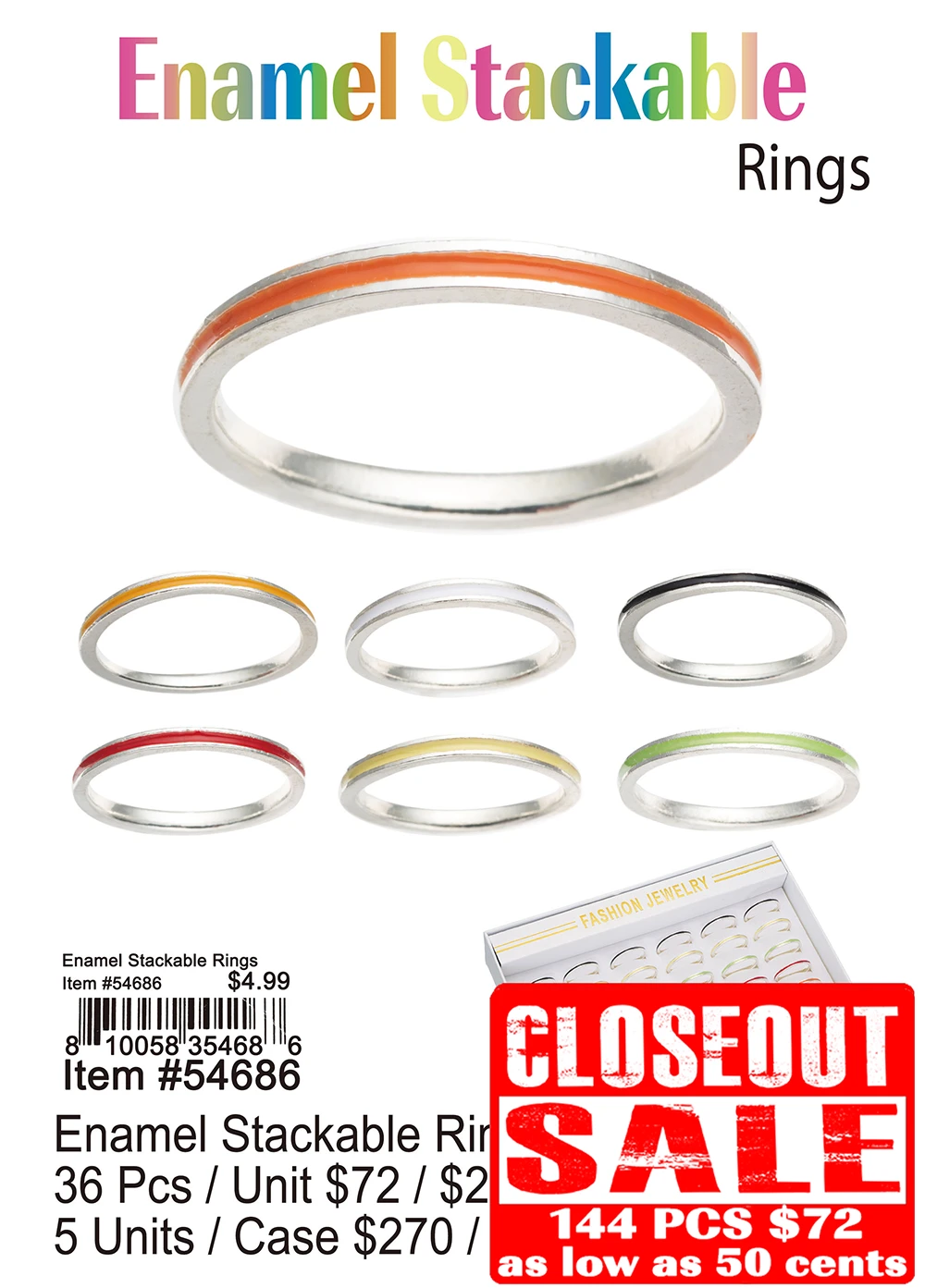 Enamel Stackable Rings - Closeout 144 Pcs.